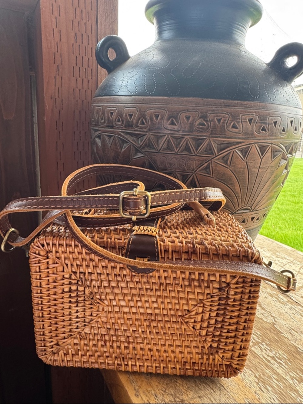 Woven Rattan Handbag in Natural Brown - Women's Shoulder & Top-Handle Bag - Picture 9 of 9
